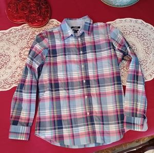 Chaps medium no iron button down long sleeve shirt pink & blue spring plaid cute